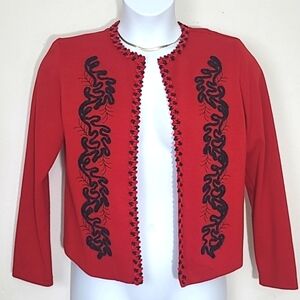 Sag Harbor Red Black Embroidered Trim Blazer Jacket Medium Vintage Statement